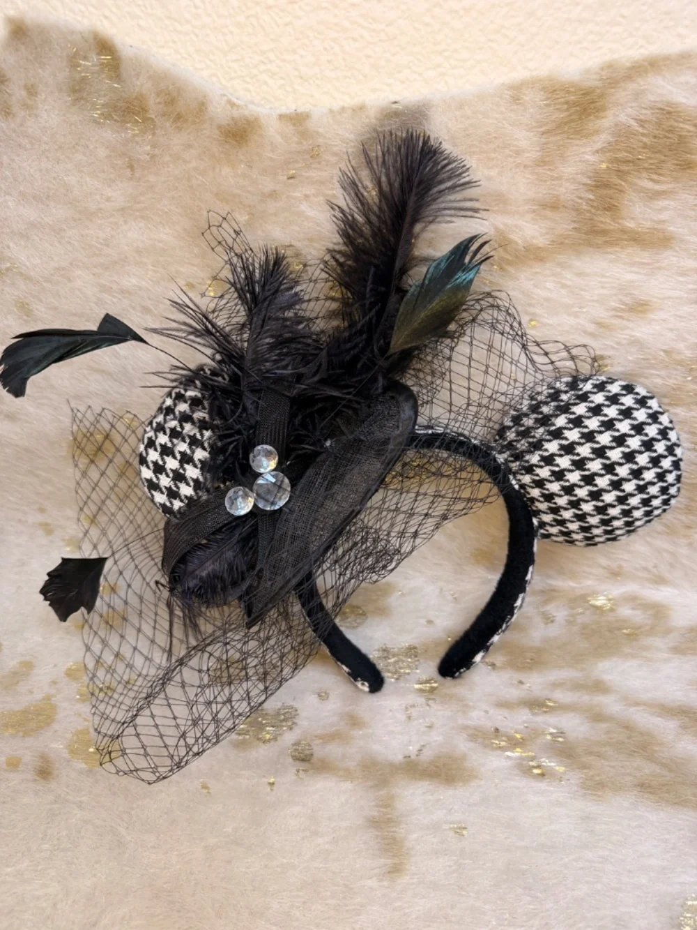 Minnie Mouse Fascinator Headband Black Feather Veil Houndstooth Ears Vintage Glm